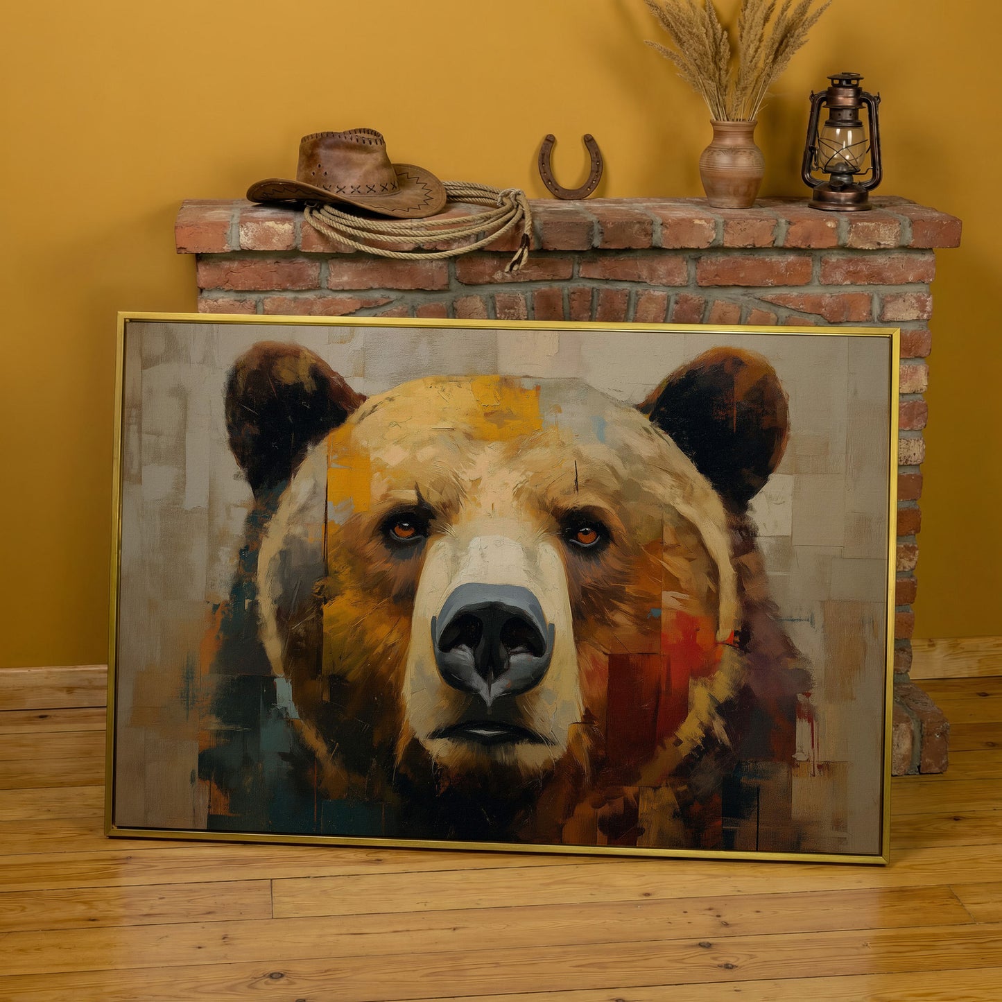 Grizzly Bear Close-Up Canvas Wall Art, Wildlife Portrait Print in yellow gold floating frame