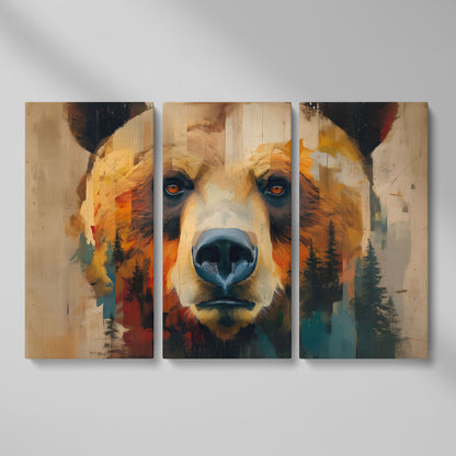 Grizzly Bear Close-Up Canvas Art with Pine Tree Detail as 3-panel split version