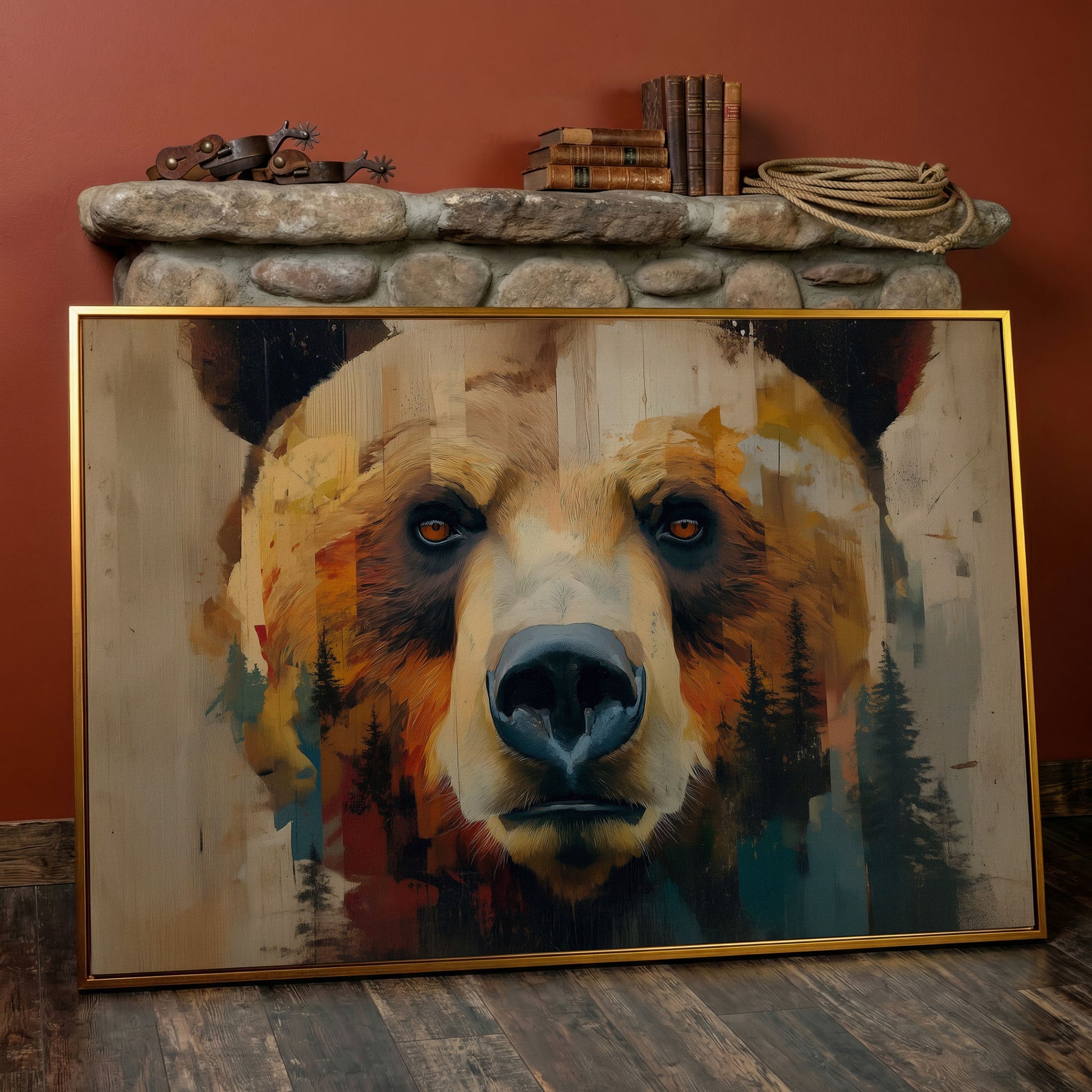 Grizzly Bear Close-Up Canvas Art with Pine Tree Detail in antique gold floating frame