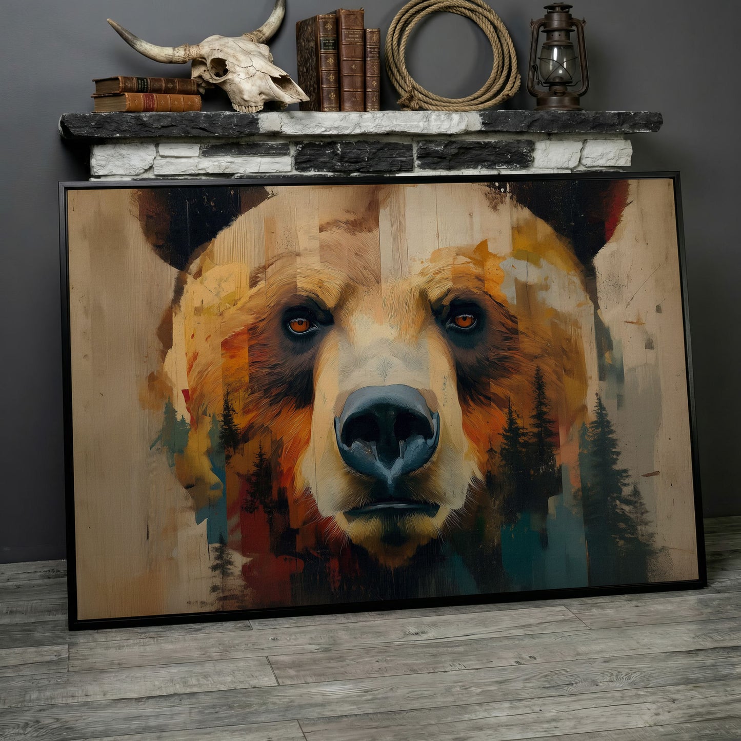 Grizzly Bear Close-Up Canvas Art with Pine Tree Detail in black floating frame