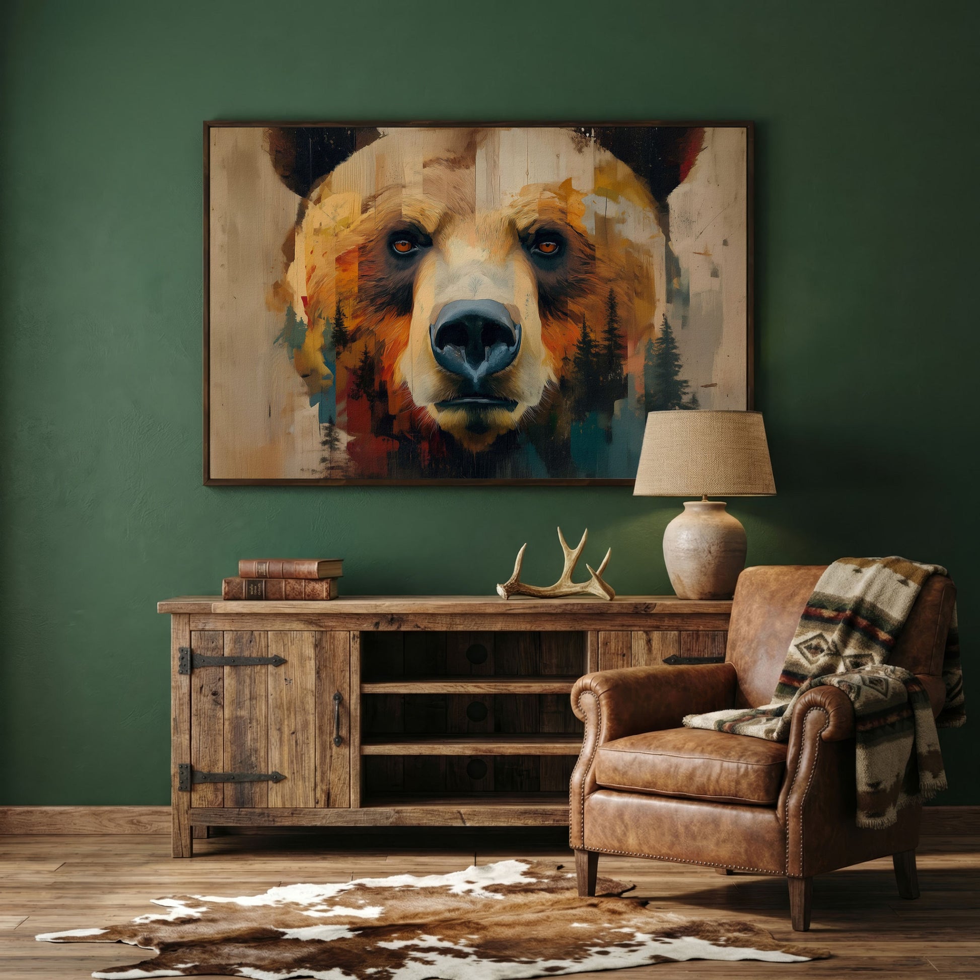 Grizzly Bear Close-Up Canvas Art with Pine Tree Detail in dark walnut floating frame