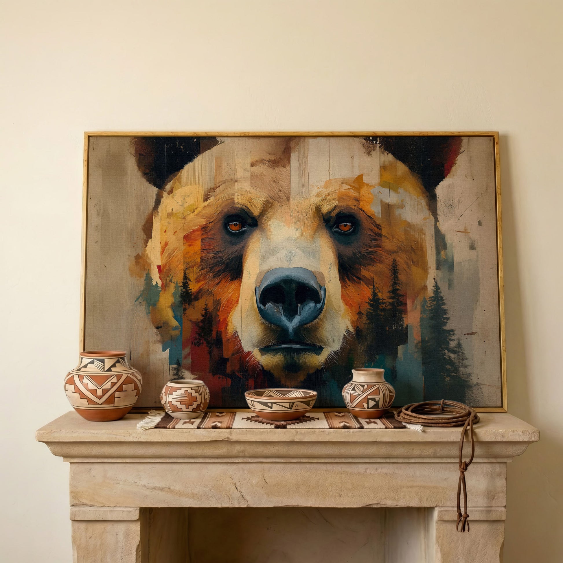 Grizzly Bear Close-Up Canvas Art with Pine Tree Detail in white oak floating frame