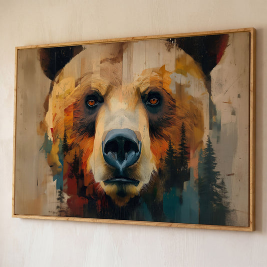 Grizzly Bear Close-Up Canvas Art with Pine Tree Detail shown in white oak floating frame