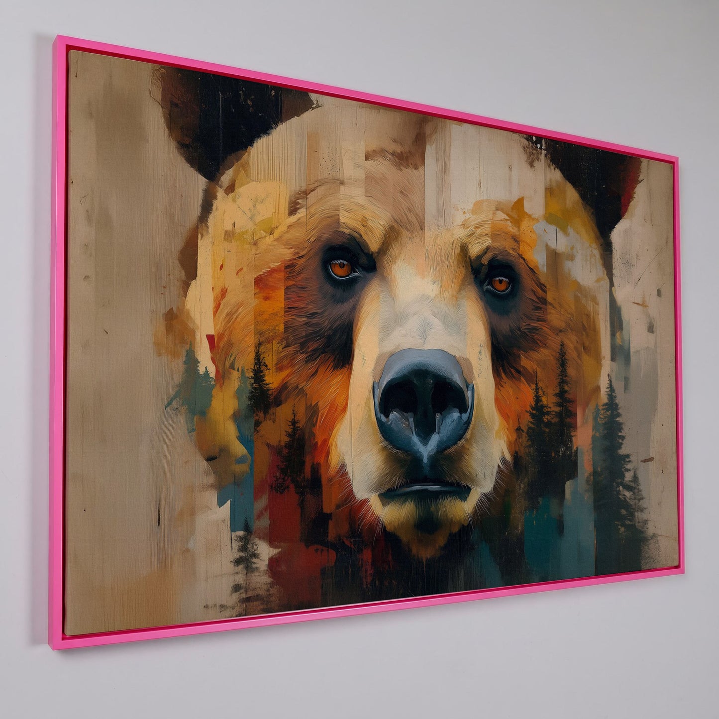 Grizzly Bear Close-Up Canvas Art with Pine Tree Detail in pink floating frame