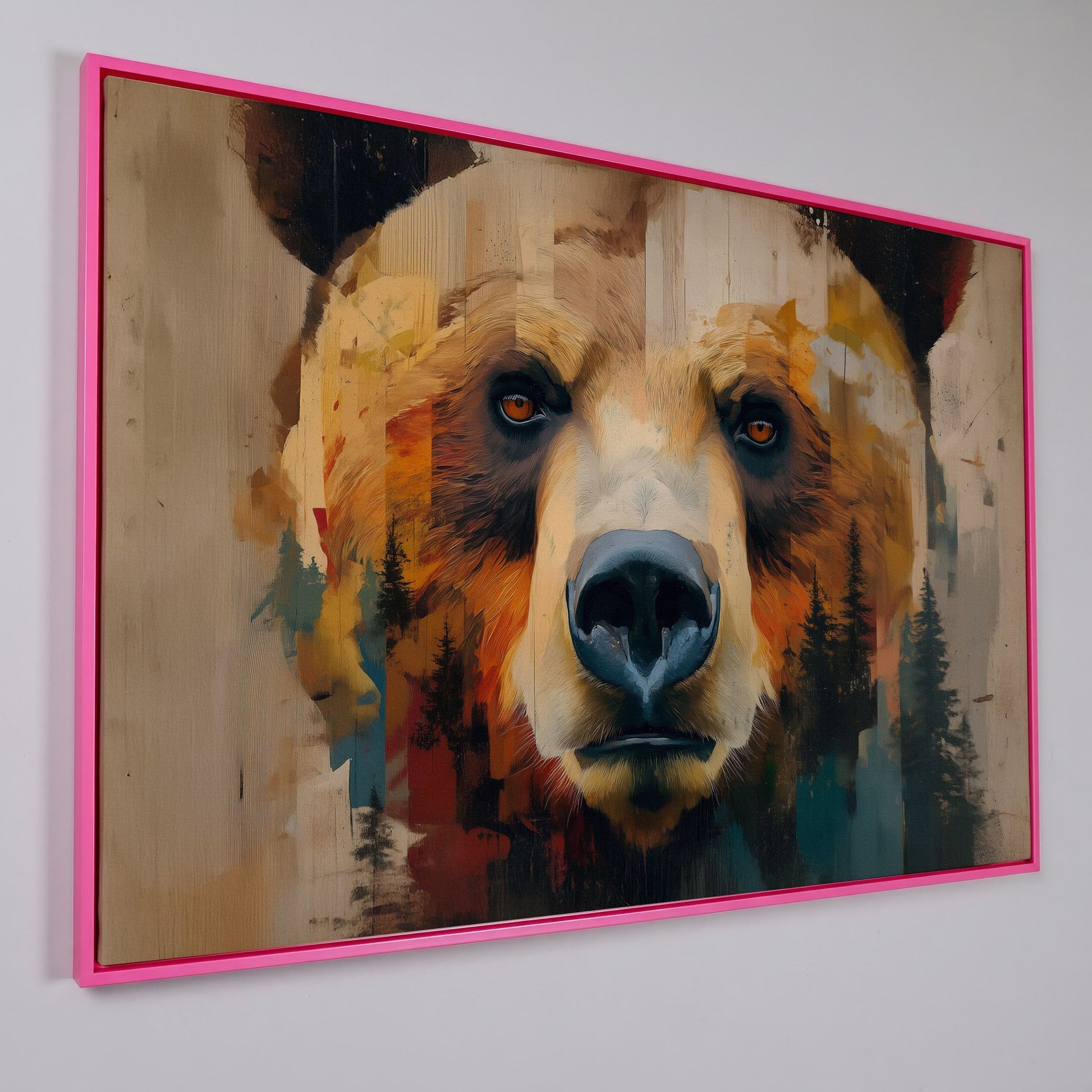 Grizzly Bear Close-Up Canvas Art with Pine Tree Detail in pink floating frame