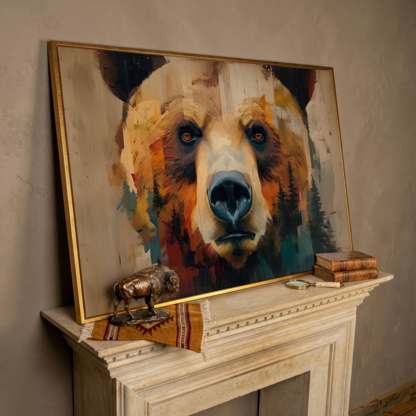 Grizzly Bear Close-Up Canvas Art with Pine Tree Detail in rose gold floating frame