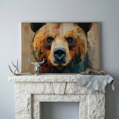 Grizzly Bear Close-Up Canvas Art with Pine Tree Detail in silver floating frame