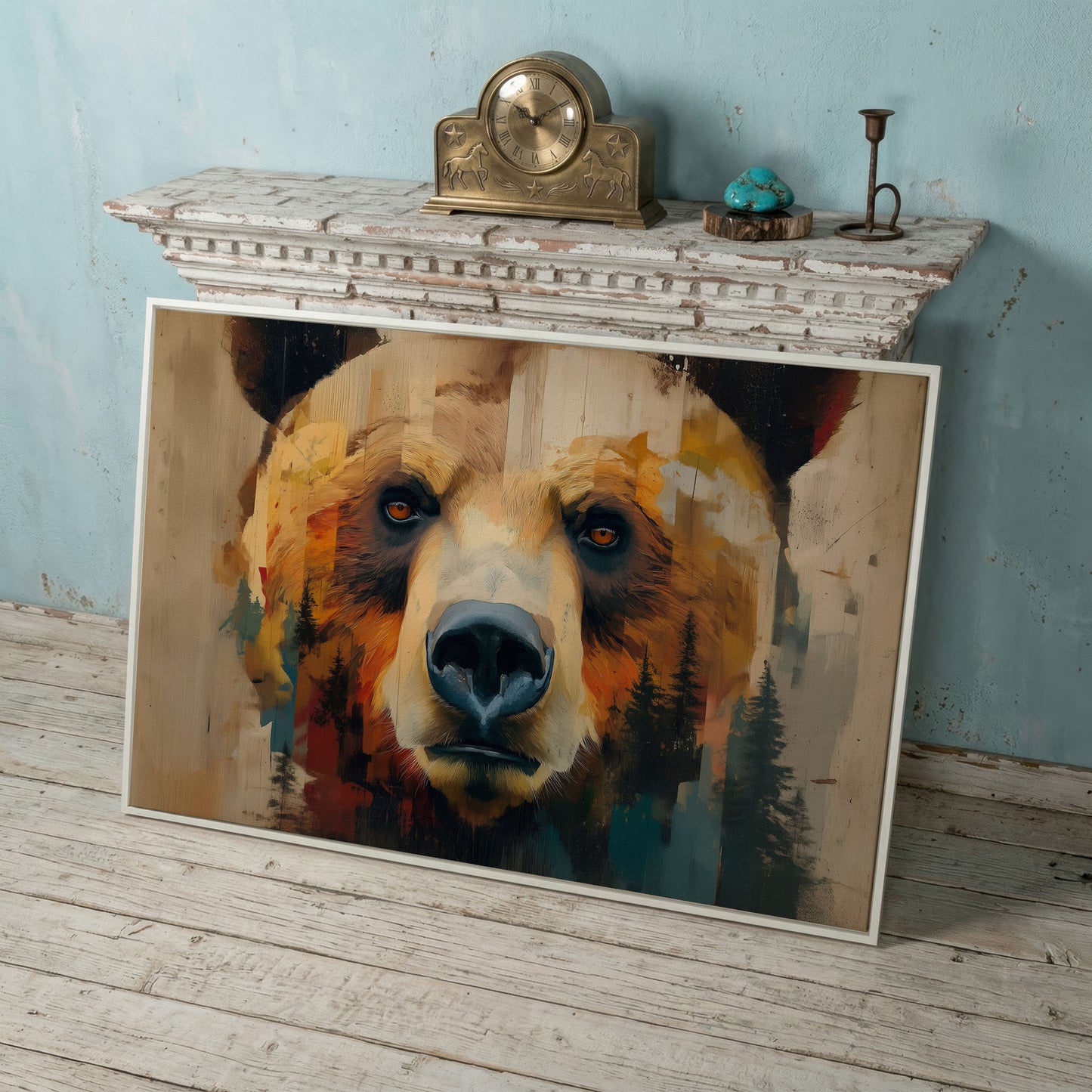 Grizzly Bear Close-Up Canvas Art with Pine Tree Detail in white floating frame