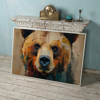 Grizzly Bear Close-Up Canvas Art with Pine Tree Detail in white floating frame