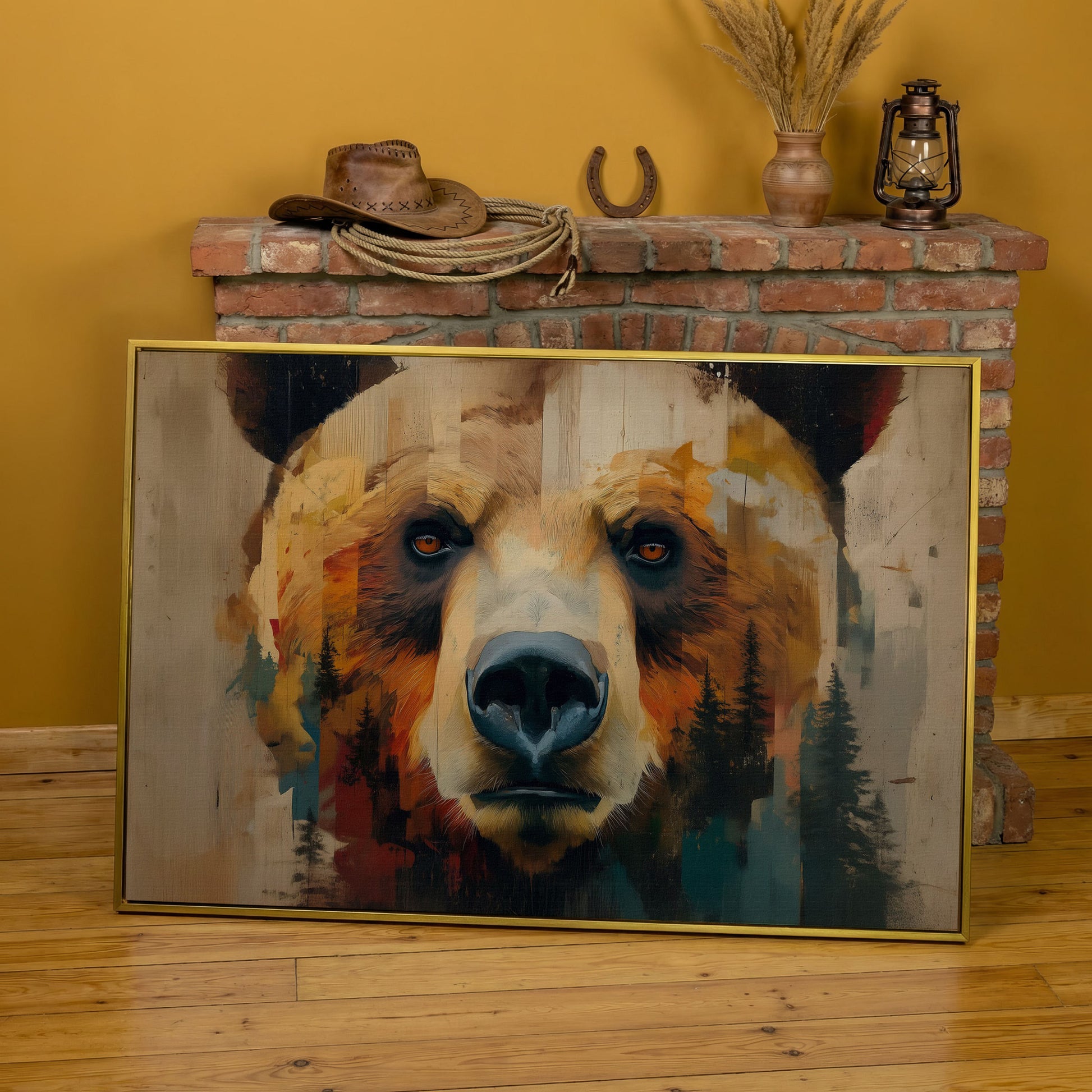 Grizzly Bear Close-Up Canvas Art with Pine Tree Detail in yellow gold floating frame