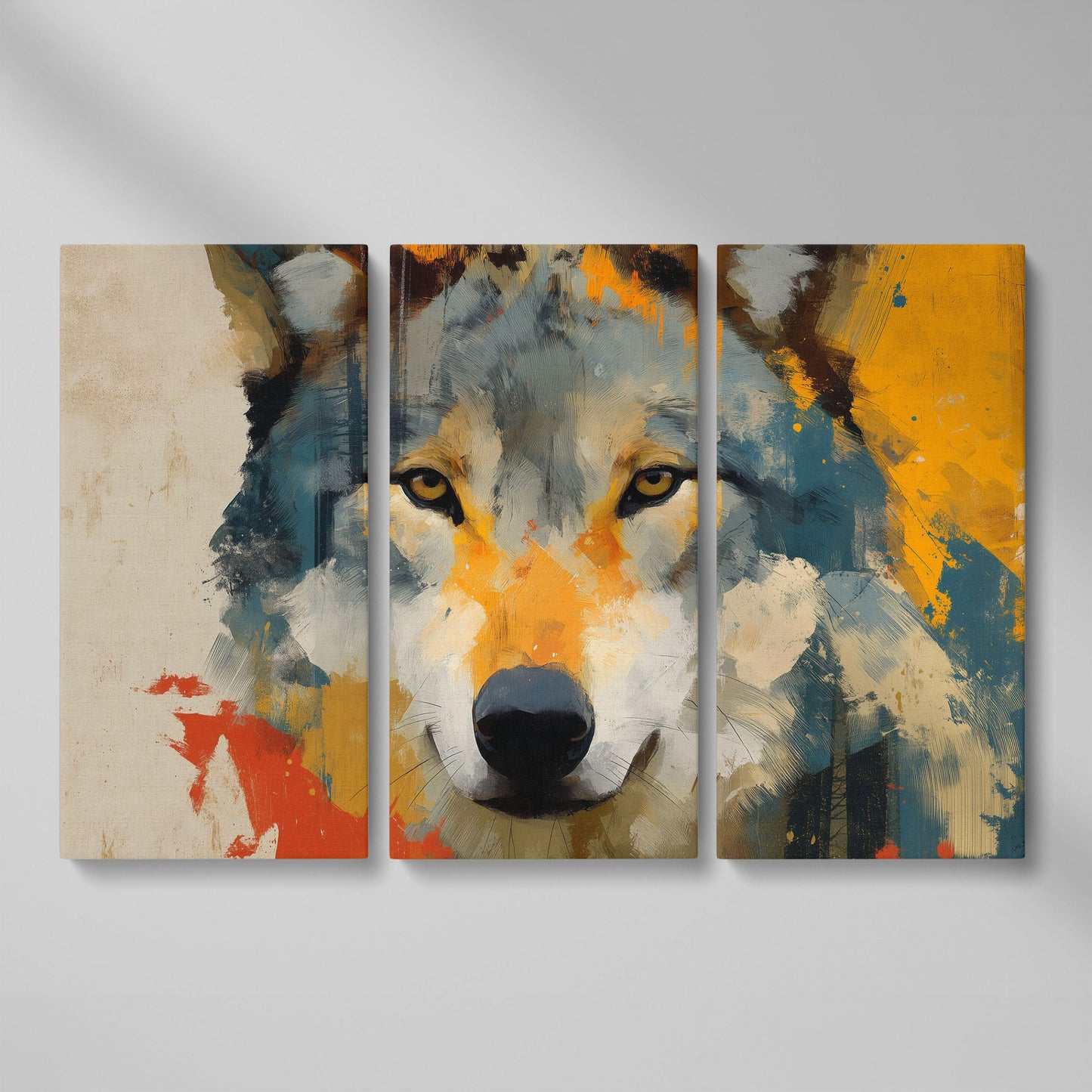 Wolf Close-Up Canvas Art, Bold Wildlife Portrait for Walls as 3-panel split version