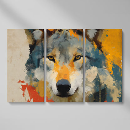 Wolf Close-Up Canvas Art, Bold Wildlife Portrait for Walls as 3-panel split version