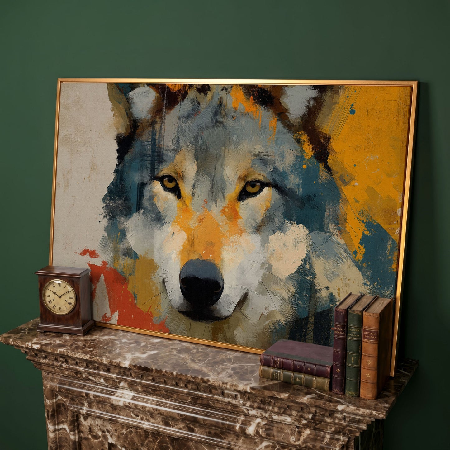 Wolf Close-Up Canvas Art, Bold Wildlife Portrait for Walls in antique gold floating frame