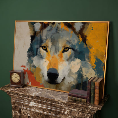 Wolf Close-Up Canvas Art, Bold Wildlife Portrait for Walls in antique gold floating frame