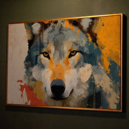 Wolf Close-Up Canvas Art, Bold Wildlife Portrait for Walls shown in antique gold floating frame