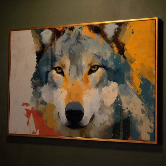 Wolf Close-Up Canvas Art, Bold Wildlife Portrait for Walls shown in antique gold floating frame