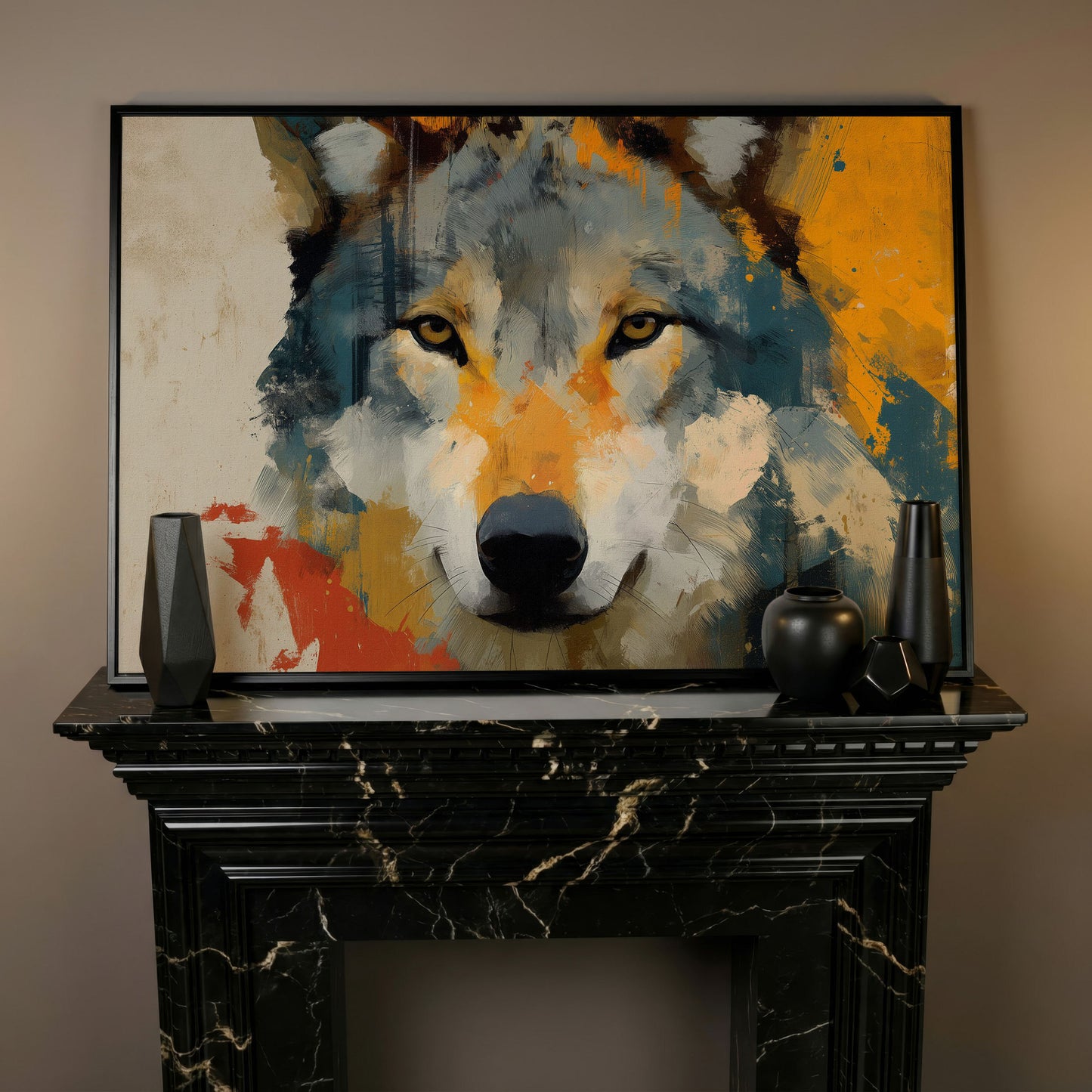 Wolf Close-Up Canvas Art, Bold Wildlife Portrait for Walls in black floating frame