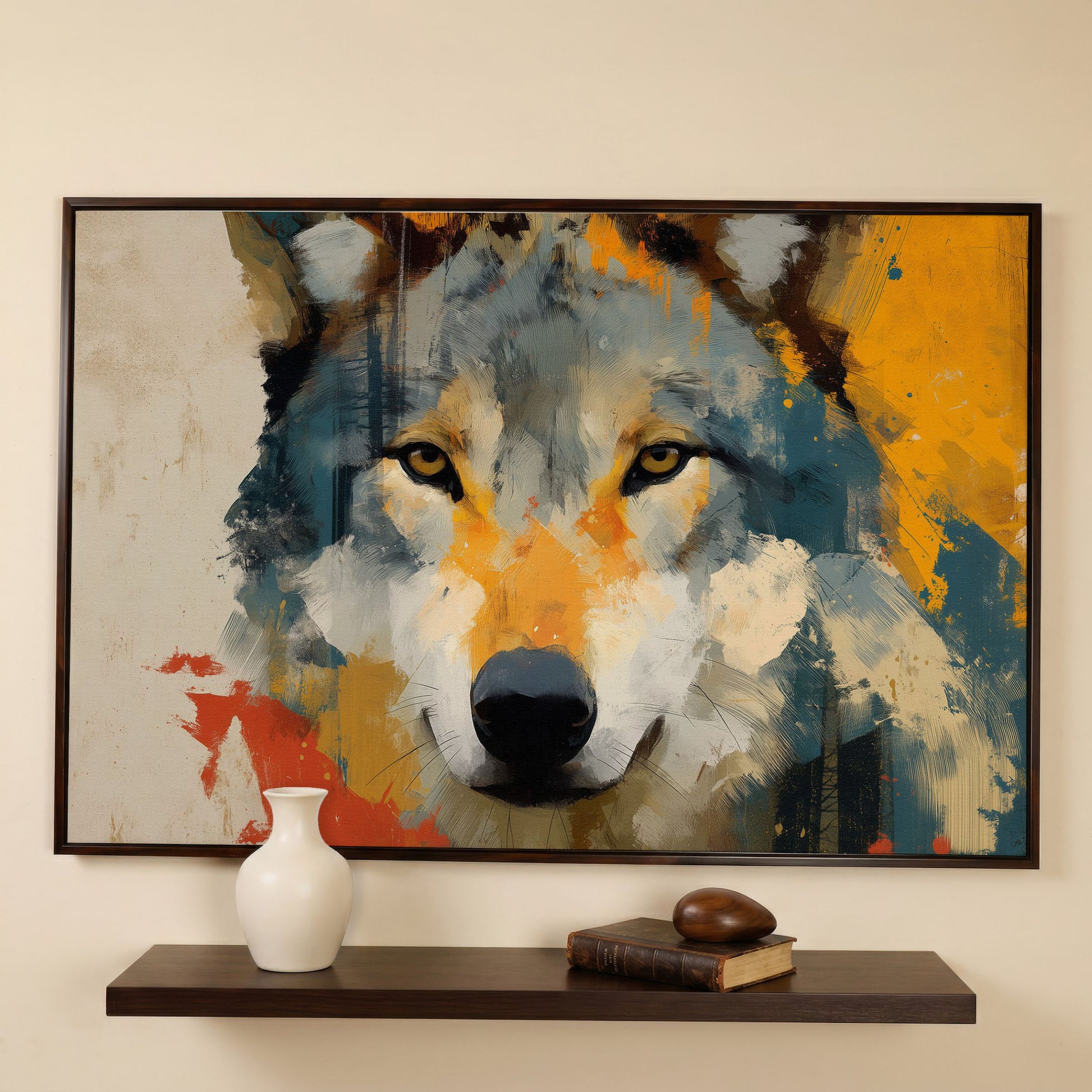Wolf Close-Up Canvas Art, Bold Wildlife Portrait for Walls in dark walnut floating frame