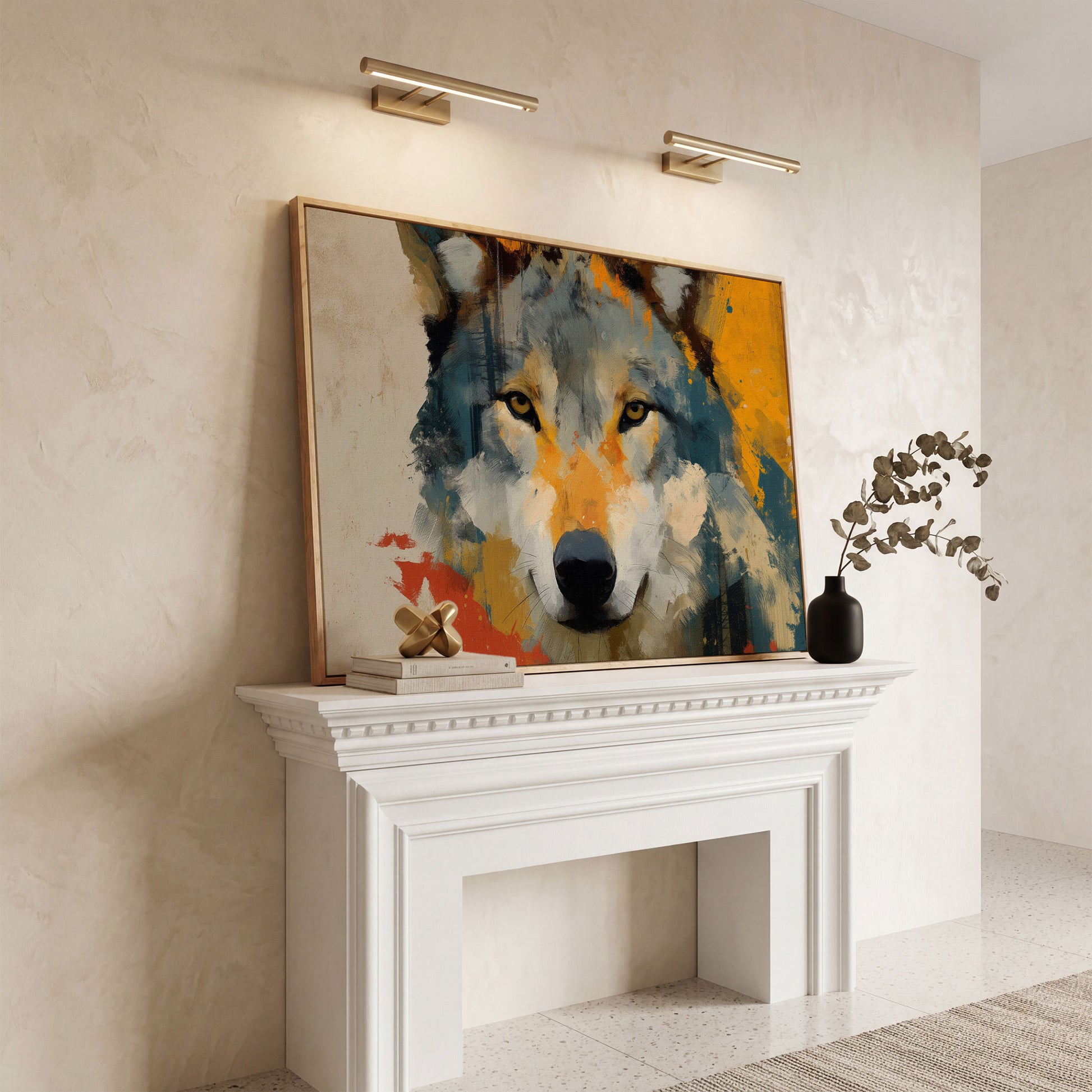 Wolf Close-Up Canvas Art, Bold Wildlife Portrait for Walls in white oak floating frame