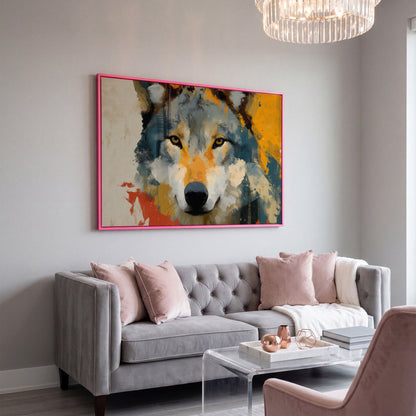 Wolf Close-Up Canvas Art, Bold Wildlife Portrait for Walls in pink floating frame