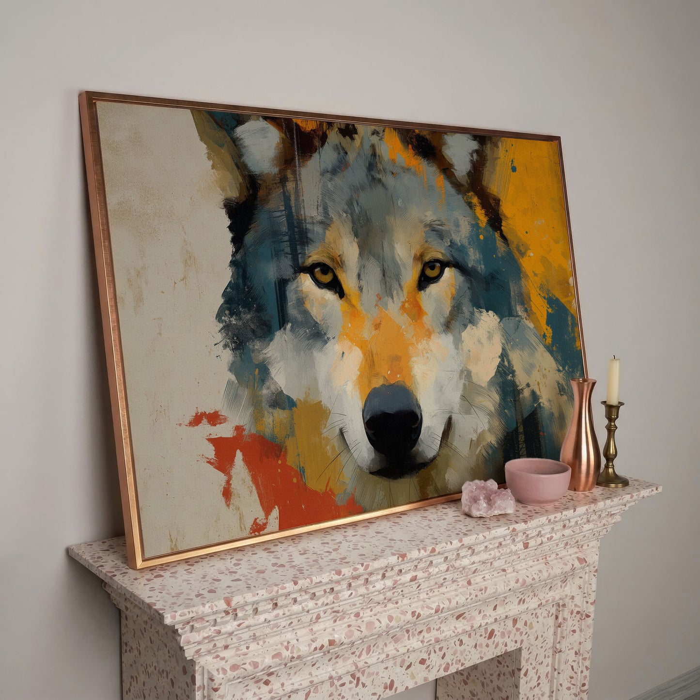Wolf Close-Up Canvas Art, Bold Wildlife Portrait for Walls in rose gold floating frame