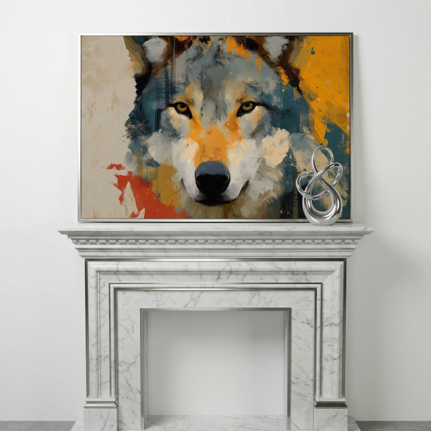 Wolf Close-Up Canvas Art, Bold Wildlife Portrait for Walls in silver floating frame