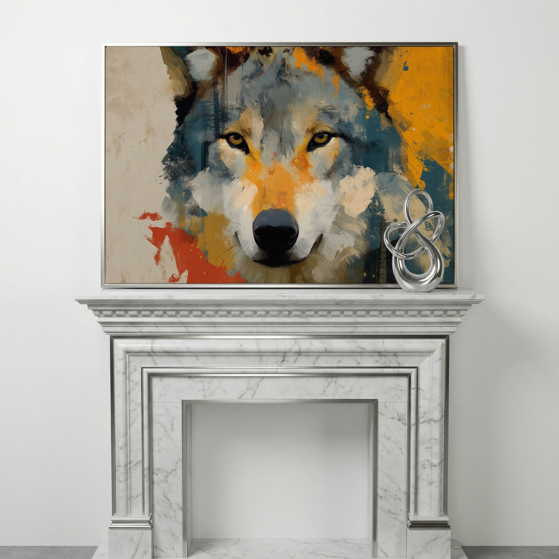 Wolf Close-Up Canvas Art, Bold Wildlife Portrait for Walls in silver floating frame