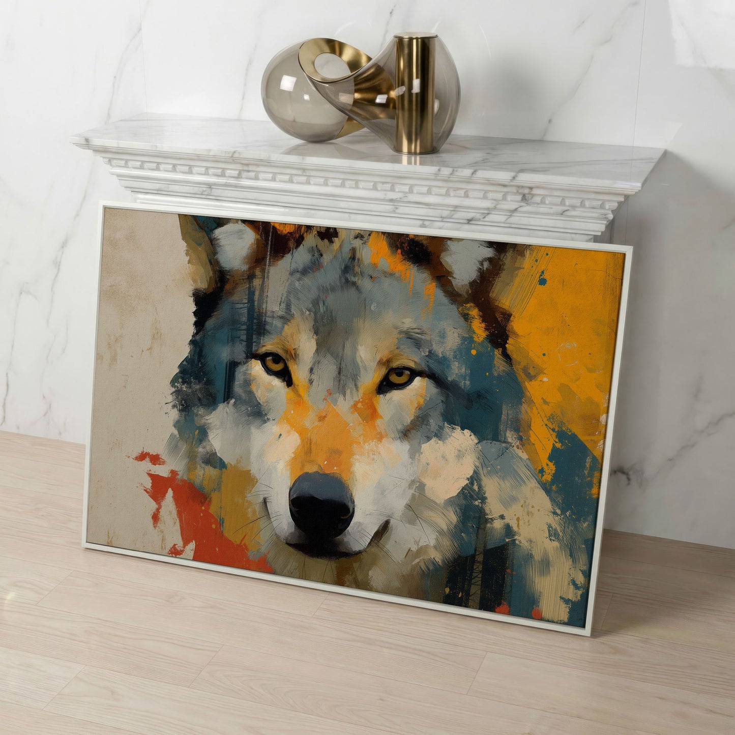 Wolf Close-Up Canvas Art, Bold Wildlife Portrait for Walls in white floating frame