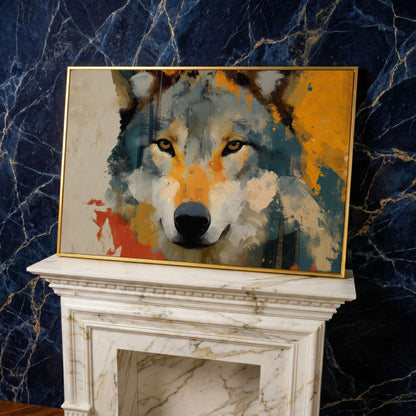 Wolf Close-Up Canvas Art, Bold Wildlife Portrait for Walls in yellow gold floating frame