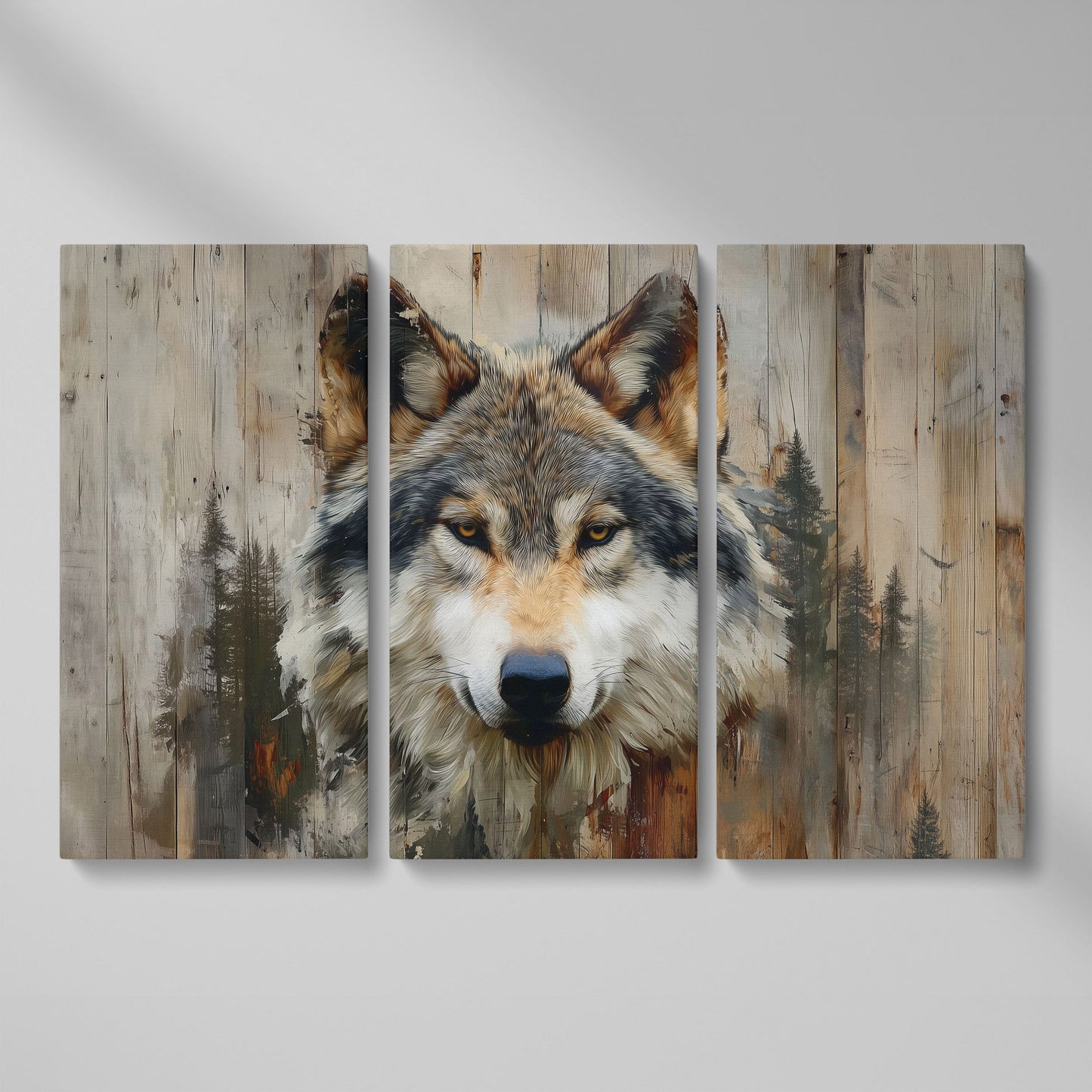 Wolf Portrait Canvas Art with Forest Wood Grain Background as 3-panel split version