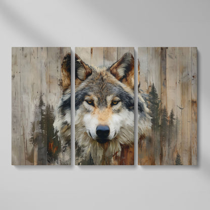 Wolf Portrait Canvas Art with Forest Wood Grain Background as 3-panel split version