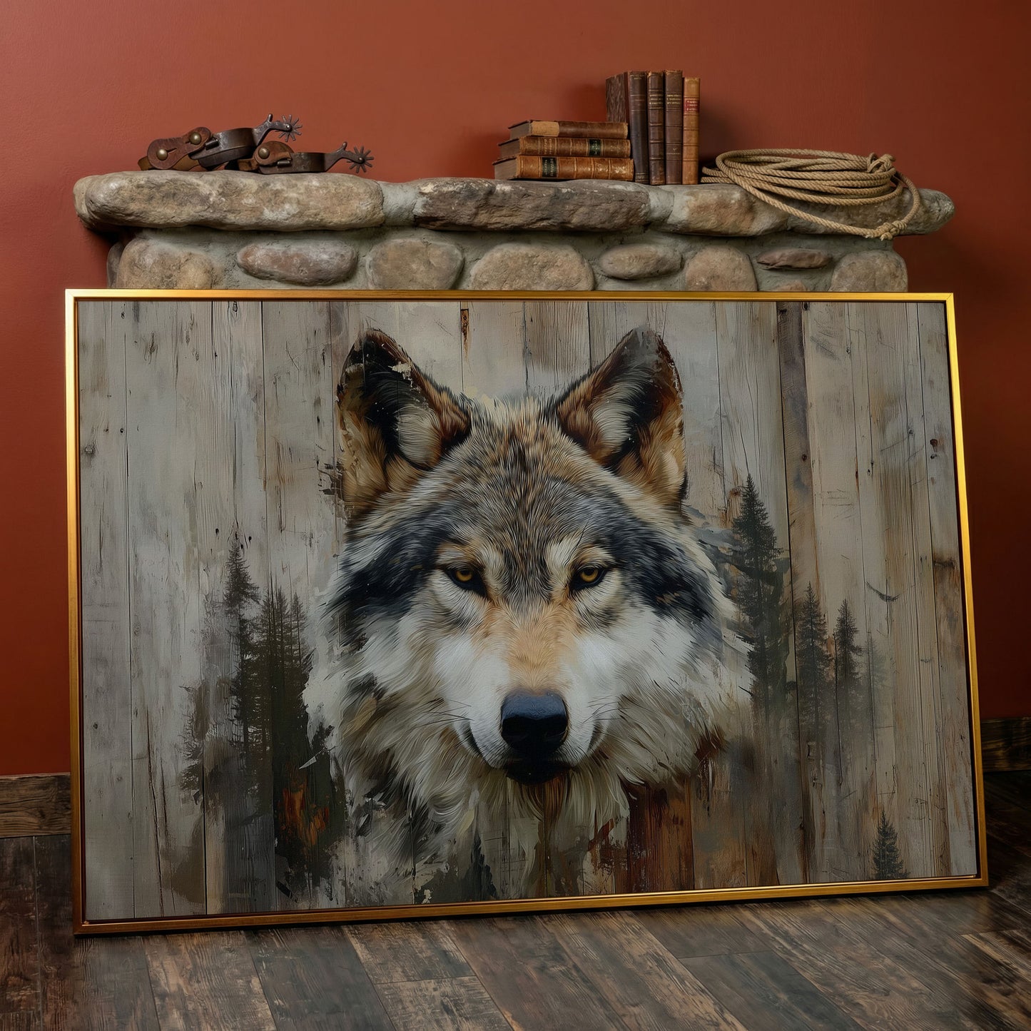 Wolf Portrait Canvas Art with Forest Wood Grain Background in antique gold floating frame