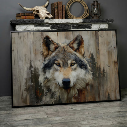 Wolf Portrait Canvas Art with Forest Wood Grain Background in black floating frame
