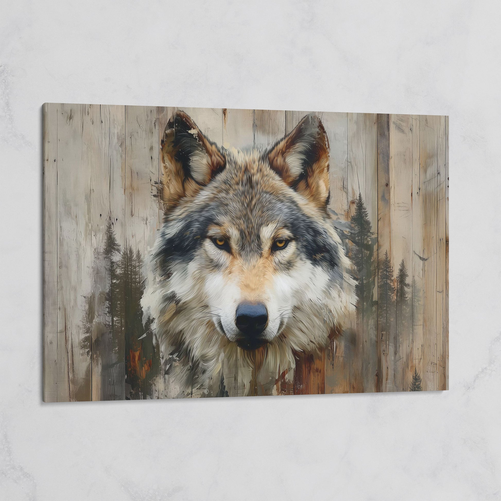 Wolf Portrait Canvas Art with Forest Wood Grain Background on gallery wrap