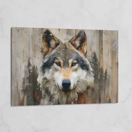 Wolf Portrait Canvas Art with Forest Wood Grain Background on gallery wrap