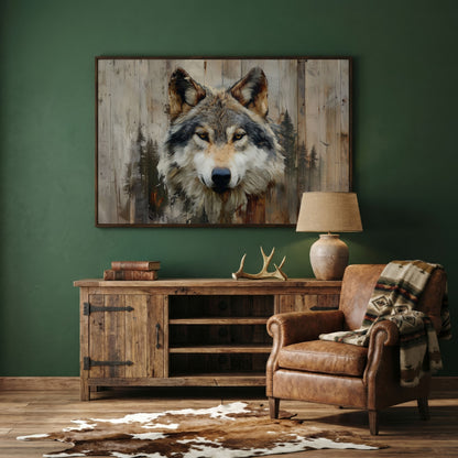 Wolf Portrait Canvas Art with Forest Wood Grain Background in dark walnut floating frame