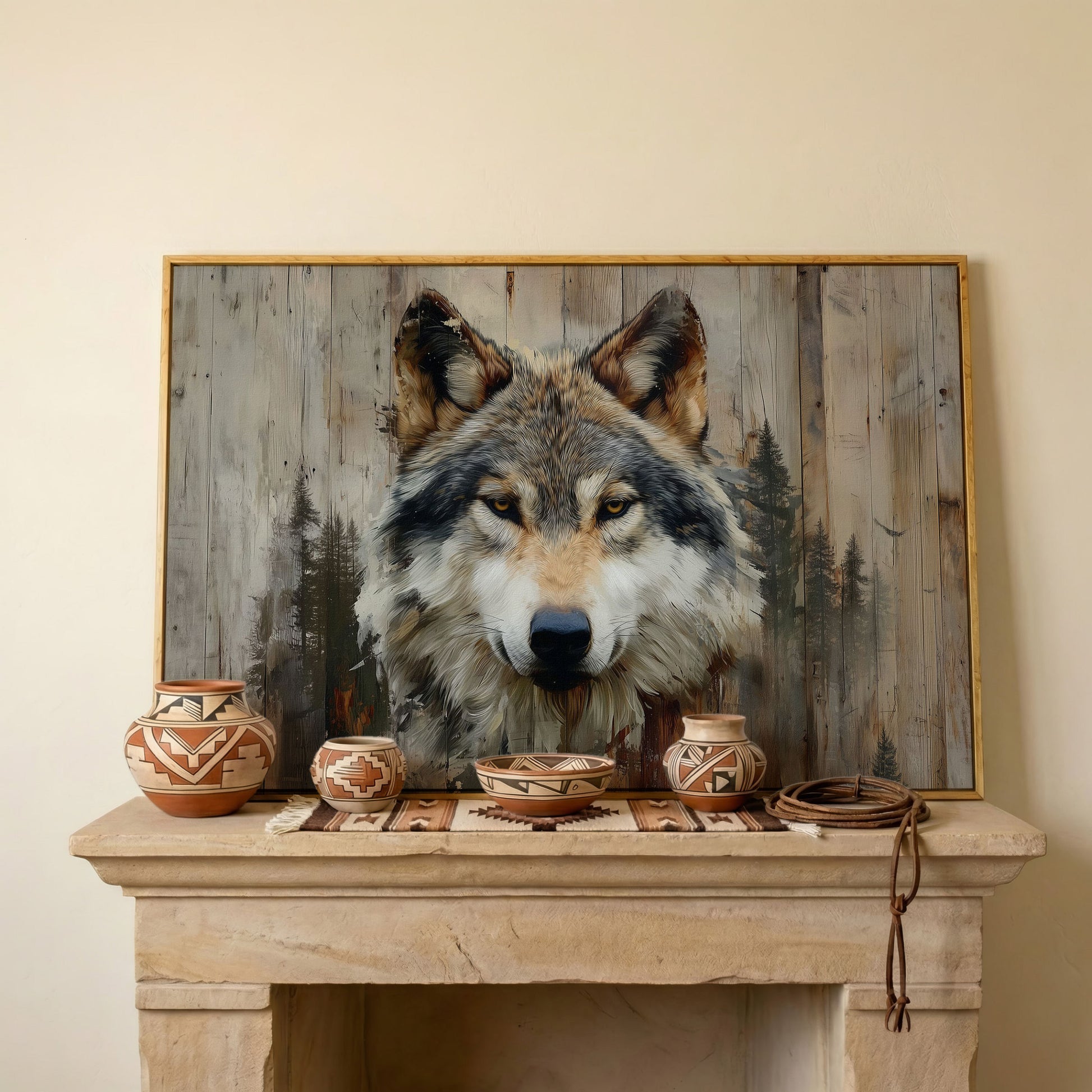 Wolf Portrait Canvas Art with Forest Wood Grain Background in white oak floating frame