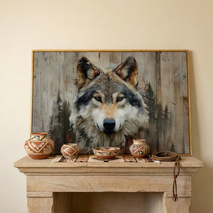 Wolf Portrait Canvas Art with Forest Wood Grain Background in white oak floating frame