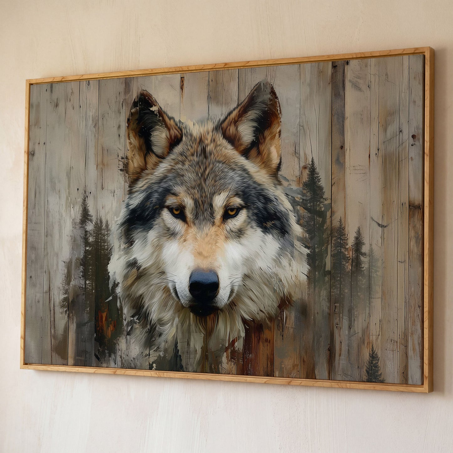 Wolf Portrait Canvas Art with Forest Wood Grain Background shown in white oak floating frame