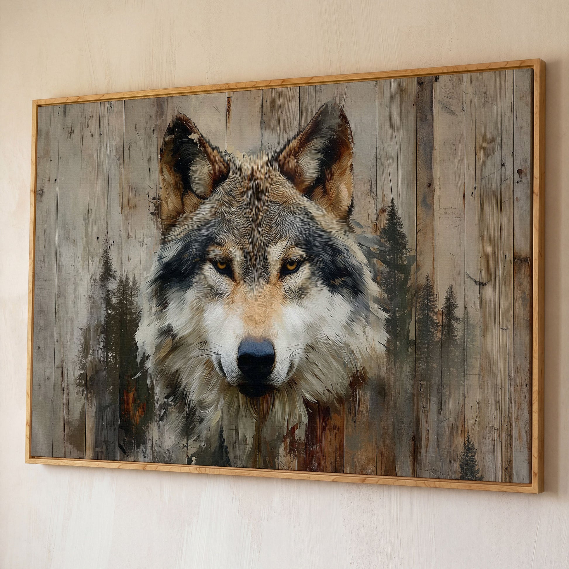 Wolf Portrait Canvas Art with Forest Wood Grain Background shown in white oak floating frame