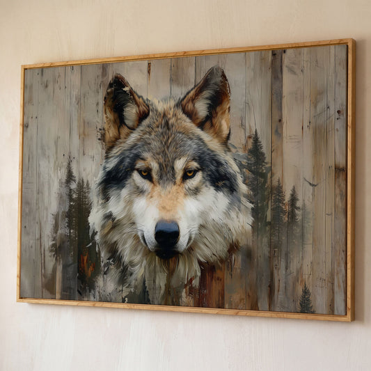Wolf Portrait Canvas Art with Forest Wood Grain Background shown in white oak floating frame