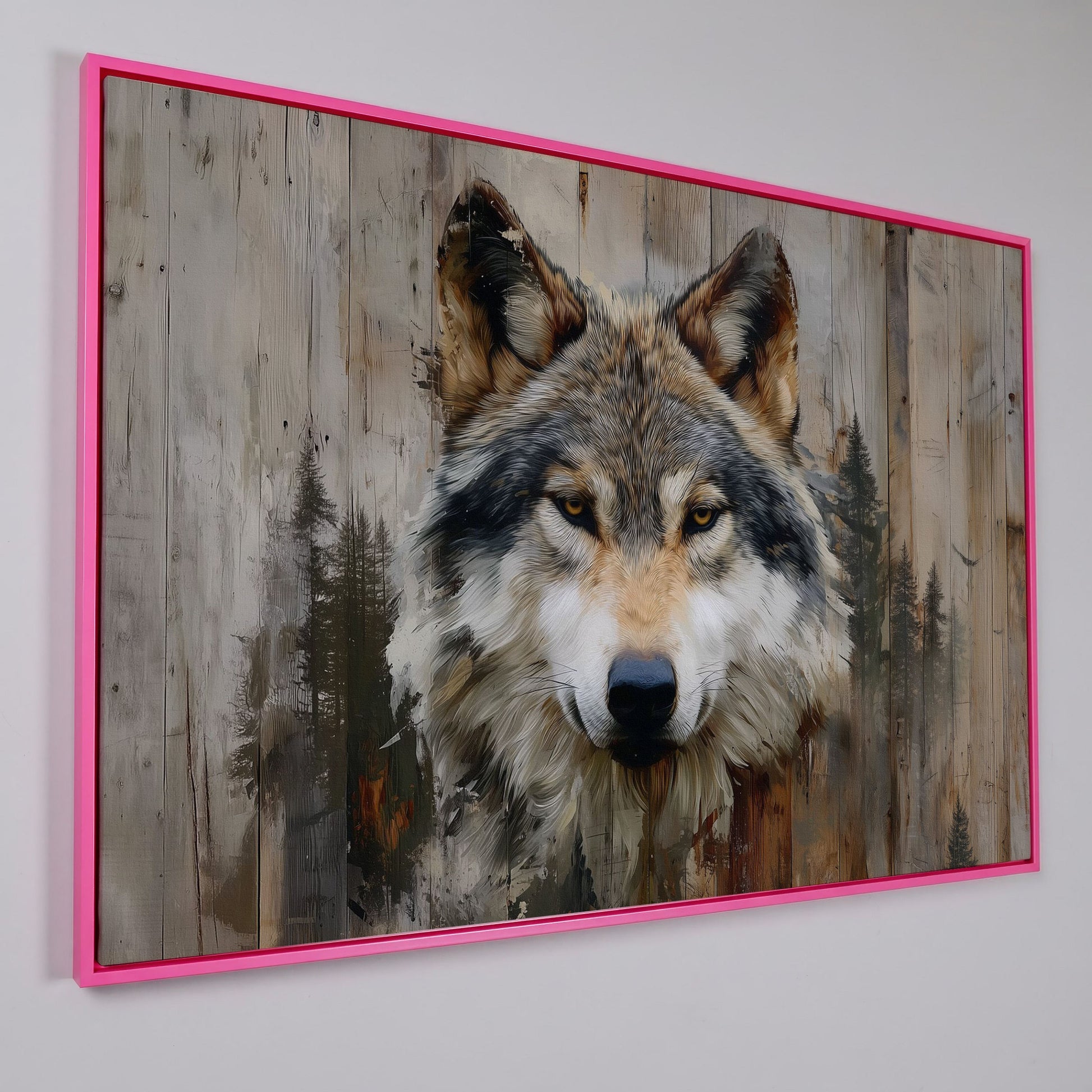 Wolf Portrait Canvas Art with Forest Wood Grain Background in pink floating frame