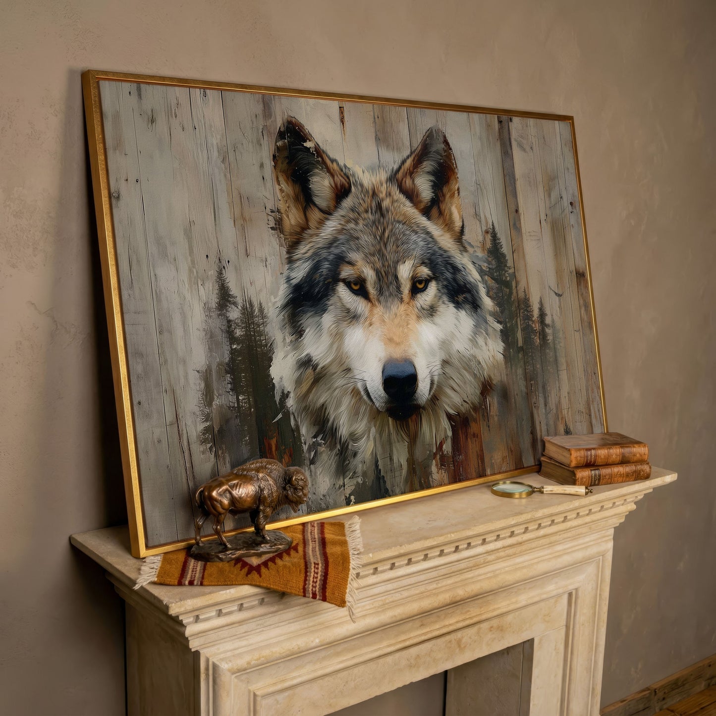 Wolf Portrait Canvas Art with Forest Wood Grain Background in rose gold floating frame