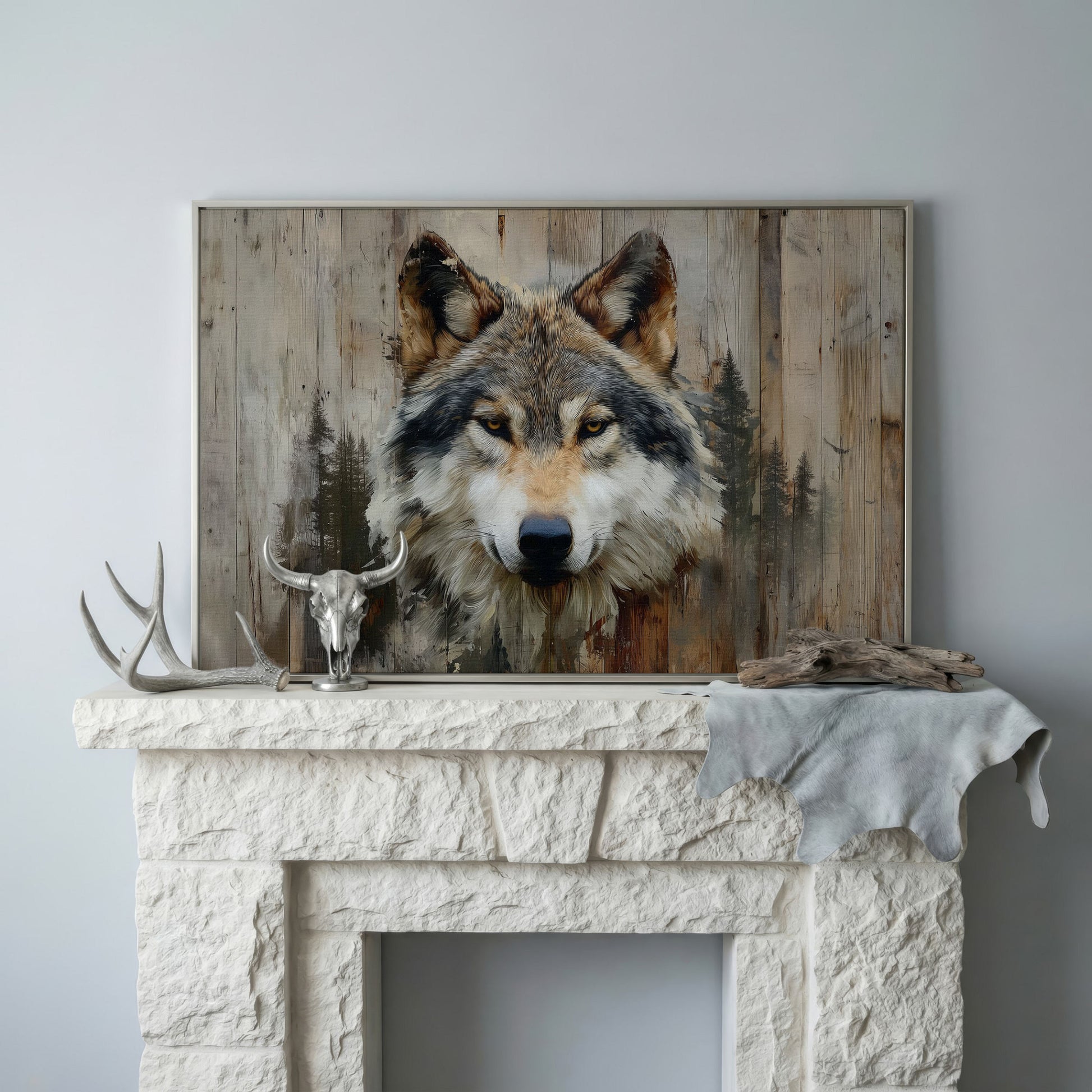 Wolf Portrait Canvas Art with Forest Wood Grain Background in silver floating frame