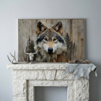 Wolf Portrait Canvas Art with Forest Wood Grain Background in silver floating frame
