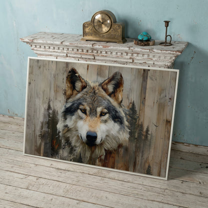 Wolf Portrait Canvas Art with Forest Wood Grain Background in white floating frame