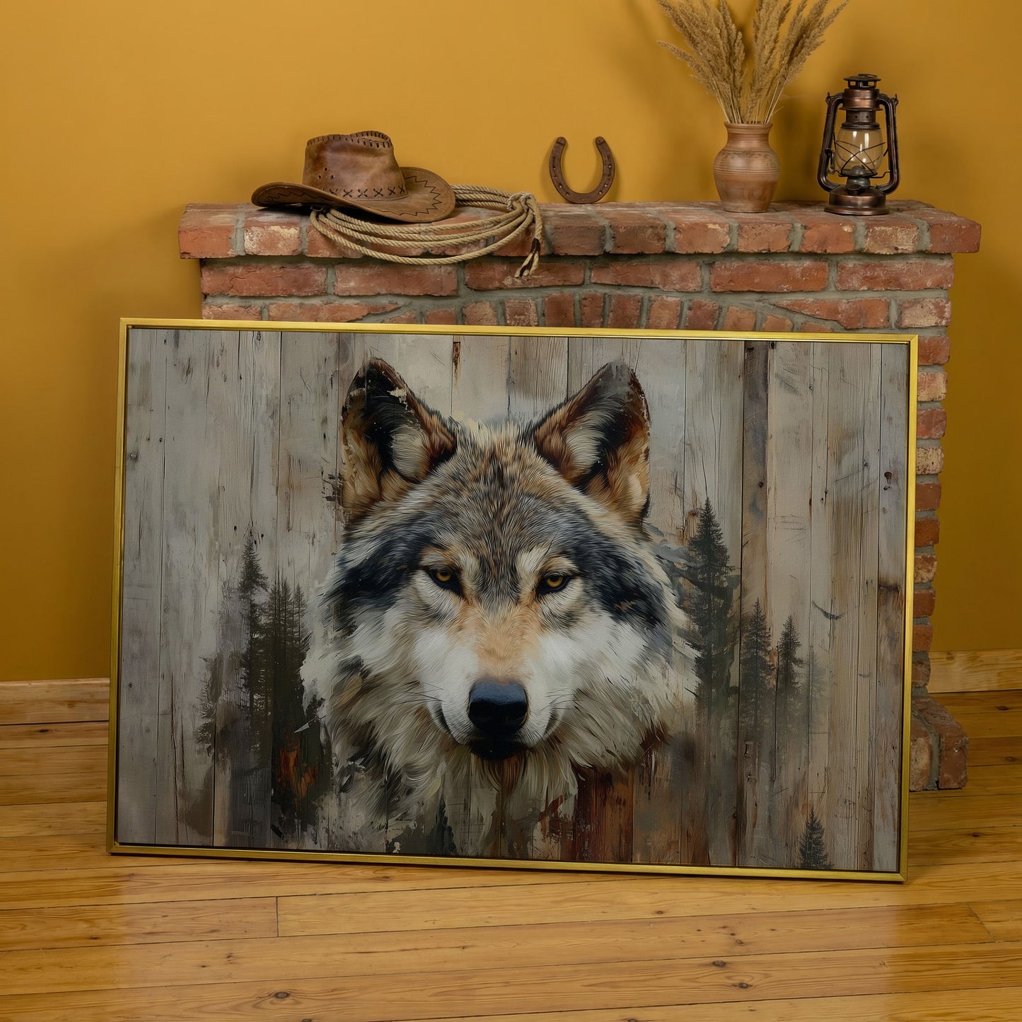 Wolf Portrait Canvas Art with Forest Wood Grain Background in yellow gold floating frame