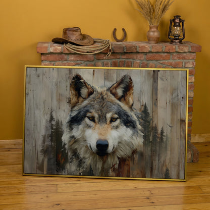 Wolf Portrait Canvas Art with Forest Wood Grain Background in yellow gold floating frame