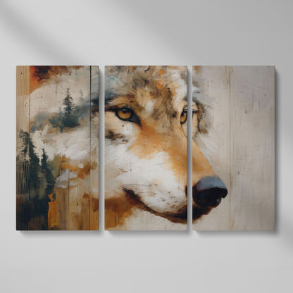 Wolf Portrait Canvas Wall Art with Forest Background as 3-panel split version