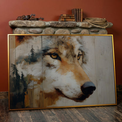 Wolf Portrait Canvas Wall Art with Forest Background in antique gold floating frame
